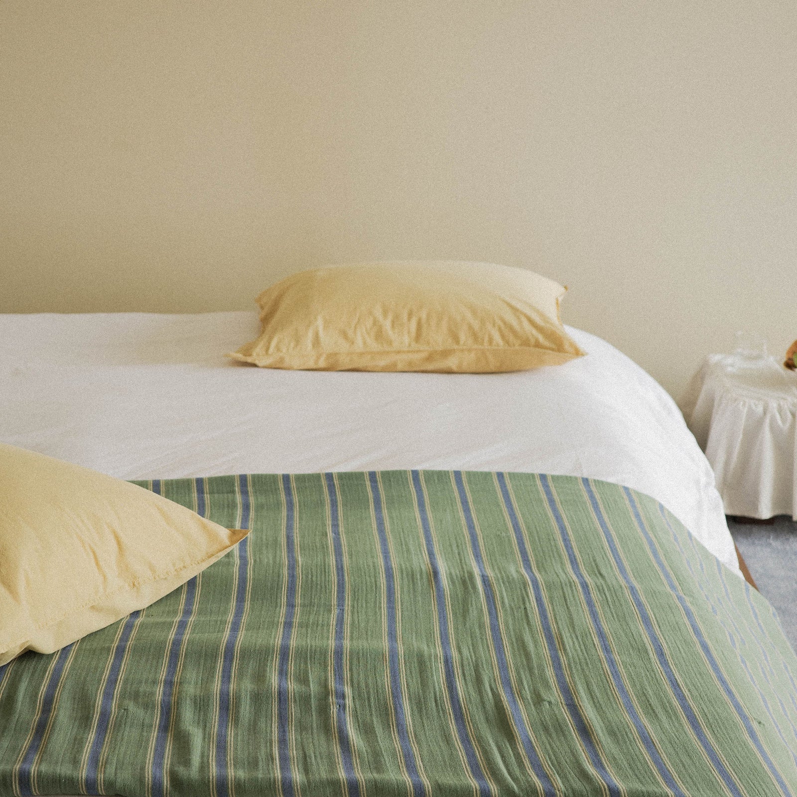 Morrow Soft Goods Maiz Pillows White Duvet and Jade Vintage Stripe Coverlet - bedroom lifestyle image