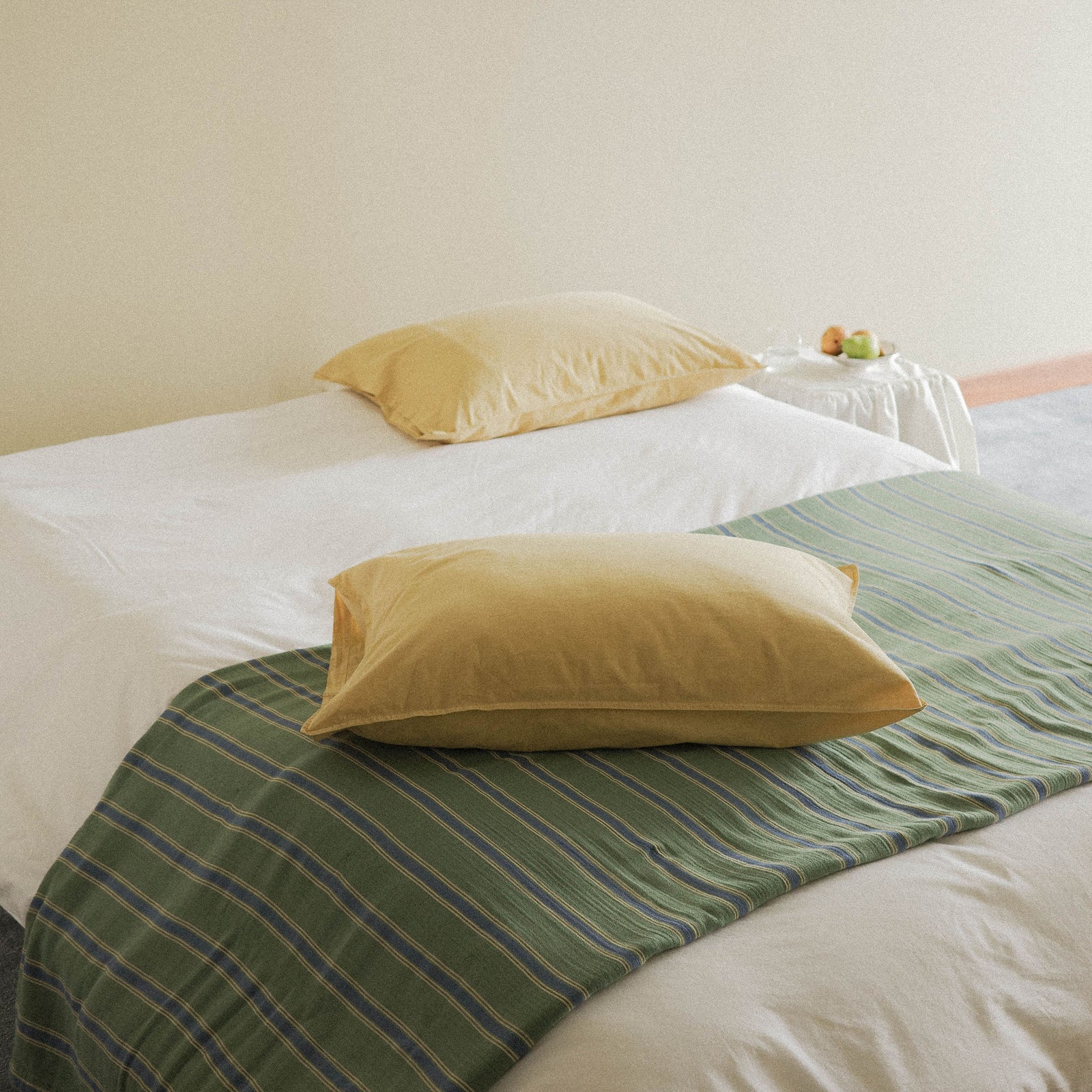 Morrow Soft Goods Maiz Pillows White Duvet and Jade Vintage Stripe Coverlet - bedroom lifestyle image