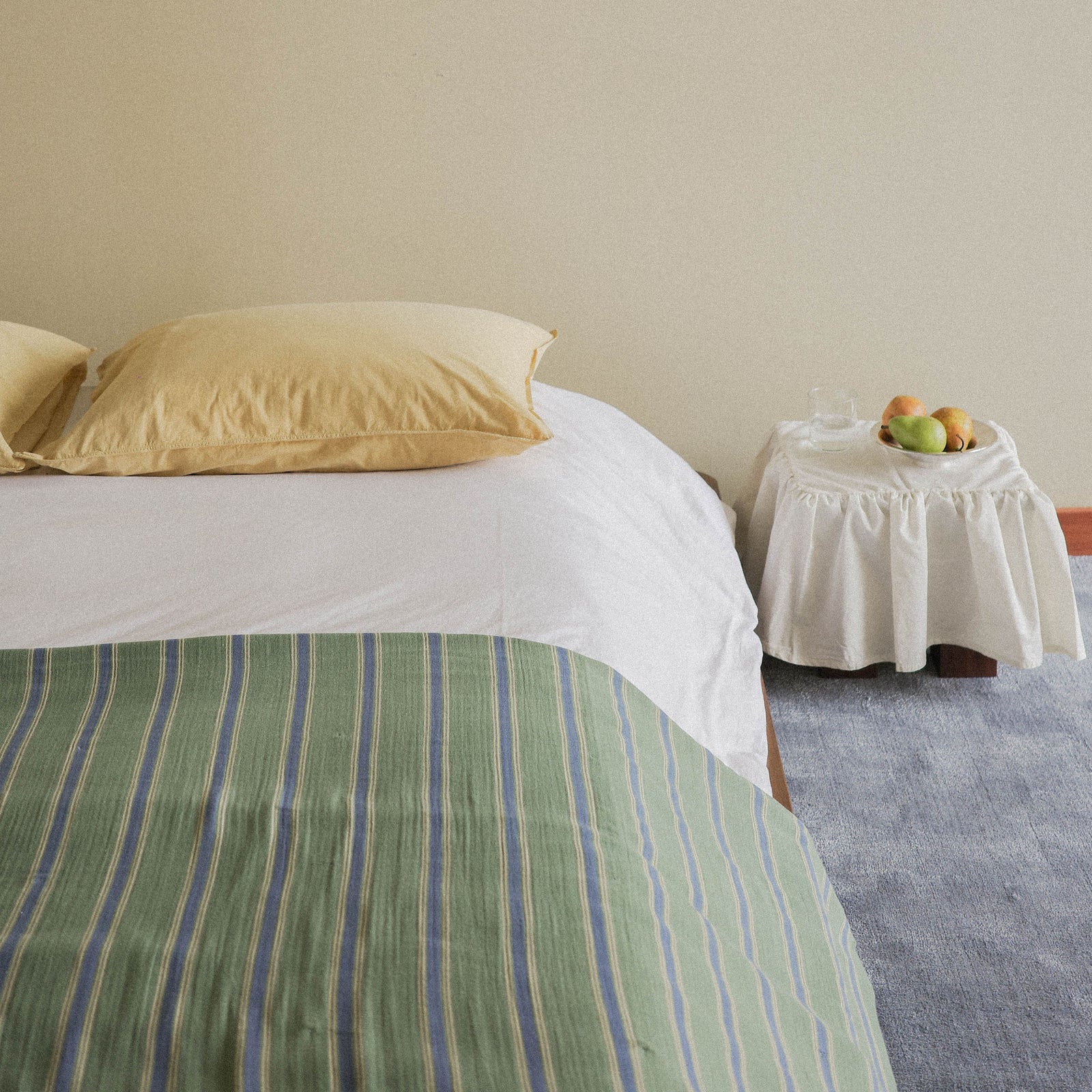 Morrow Soft Goods Maiz Pillows and Jade Vintage Stripe Coverlet with White Duvet Cover - lifestyle bedroom shot