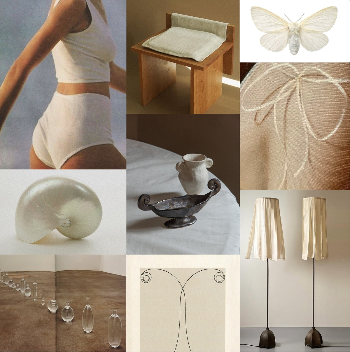 Grid of 9 images featuring soft white ceramics, paintings, furniture and home decor items. 