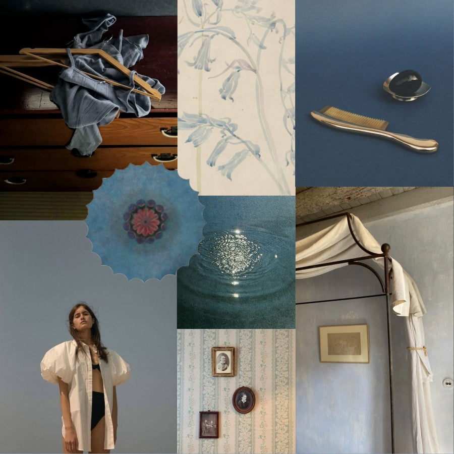 A moodboard collage featuring varois blue images.